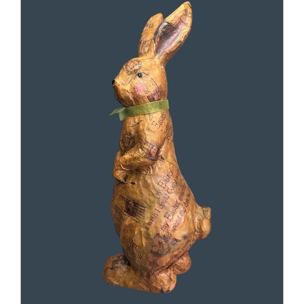 Vintage Decoupage Paper Mache Bunny Rabbit Postcard Print Green Bow 16" - Picture 3 of 12
